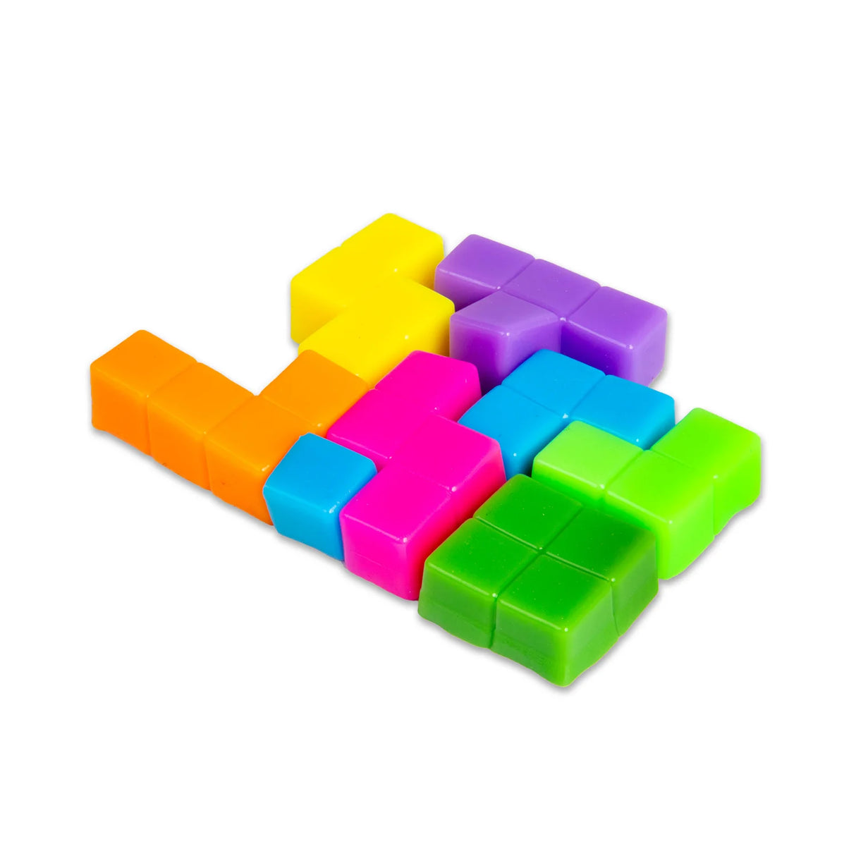 Full set of Scrunchems neon squishy puzzle cube pieces laid out flat showing all colours and shapes