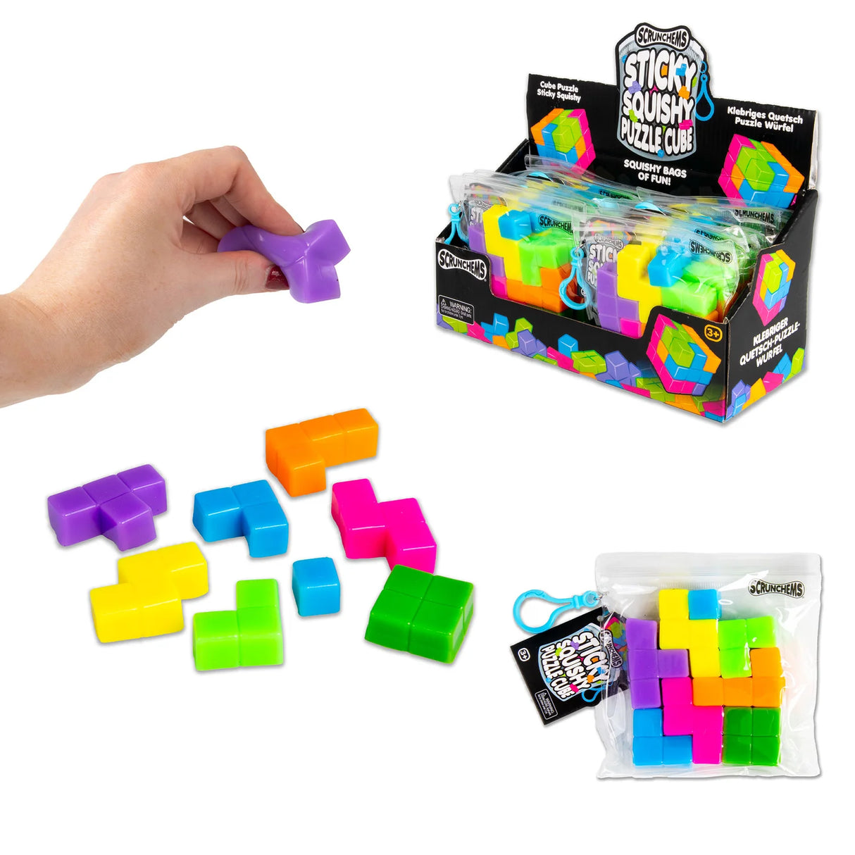 Scrunchems Sticky Squishy Puzzle Cube shown with all pieces scattered, hand holding a piece, resealable bag, and retail display box