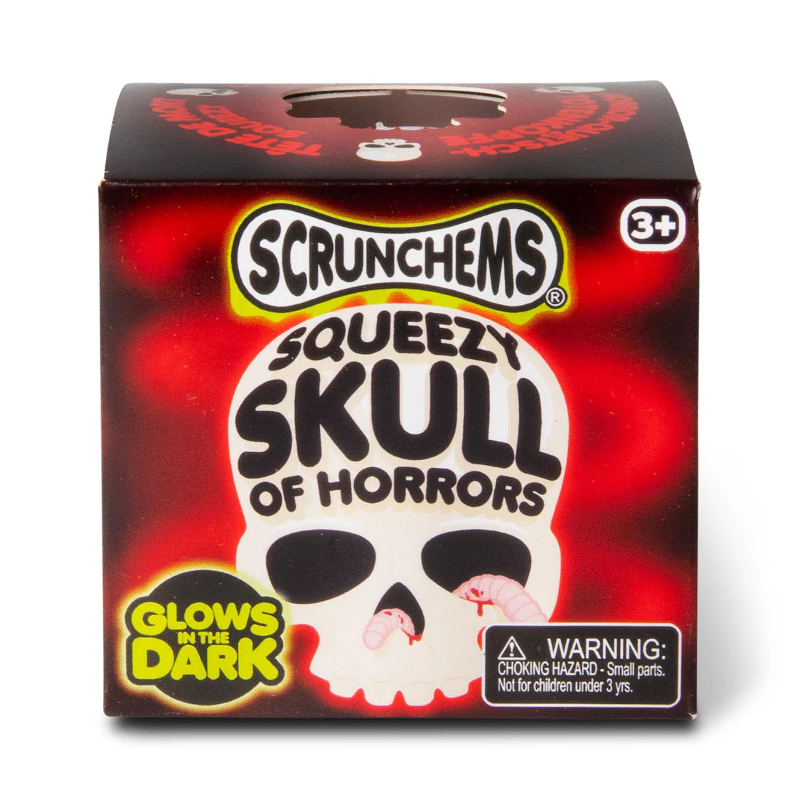 Front of Scrunchems Squeezy Skull of Horrors box with glow-in-the-dark branding and skull illustration