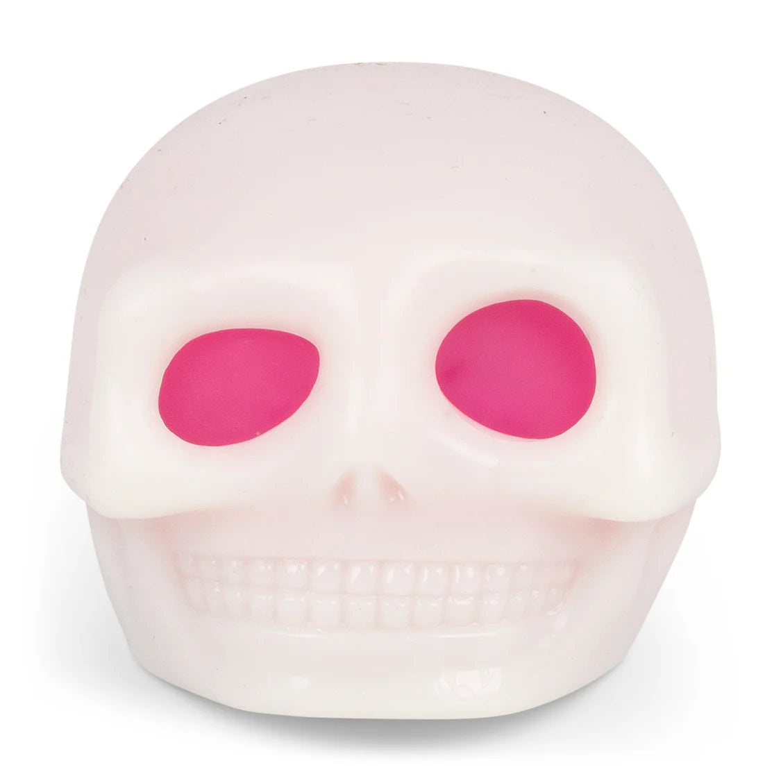 Pale glow-in-the-dark skull squishy with hot pink eye sockets, displayed front-on