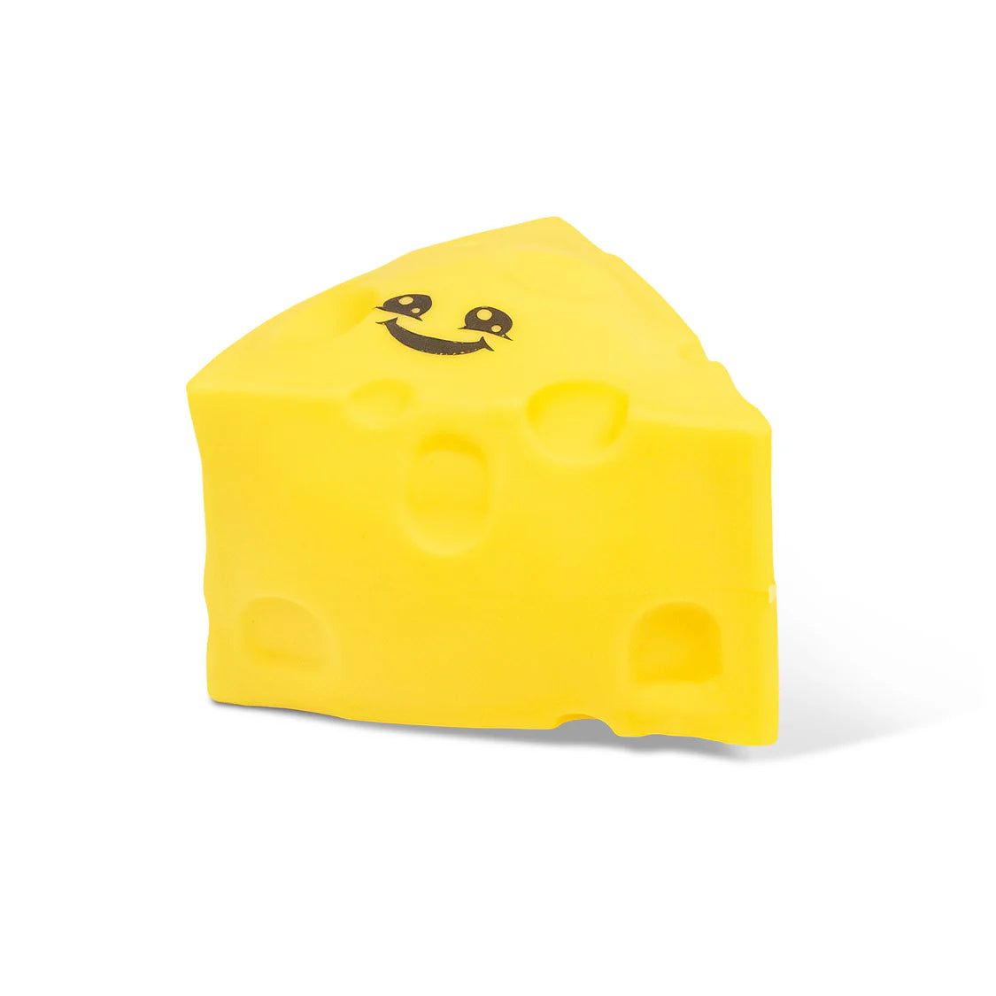 Yellow kawaii cheese wedge squishy toy with smiling face, viewed from the front