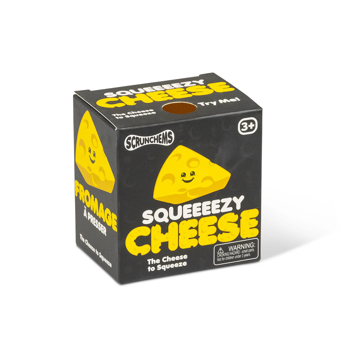 Scrunchems Squeezezy Cheese black gift box packaging with illustrated cheese character