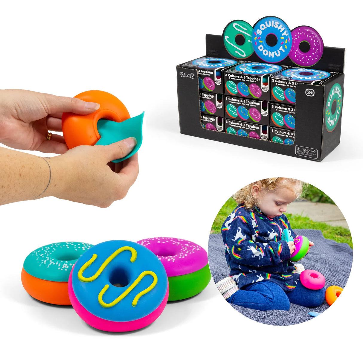 Composite image showing squishy donuts being squeezed, stacked and displayed alongside retail packaging