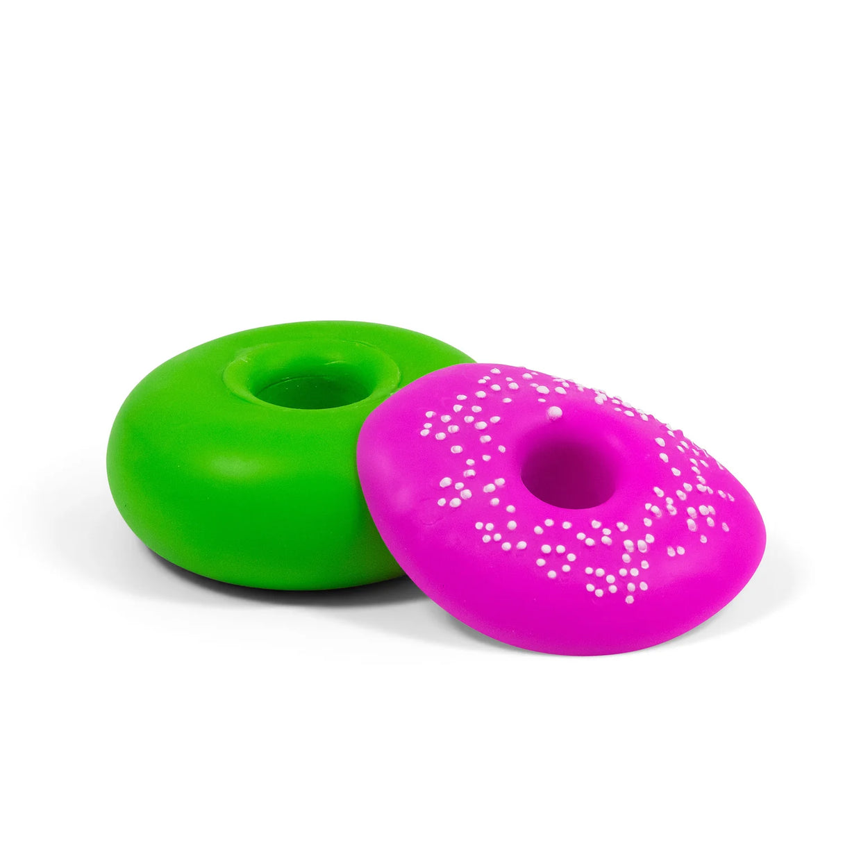 Green and pink squishy donut fidget toys shown side by side with white sprinkle detail