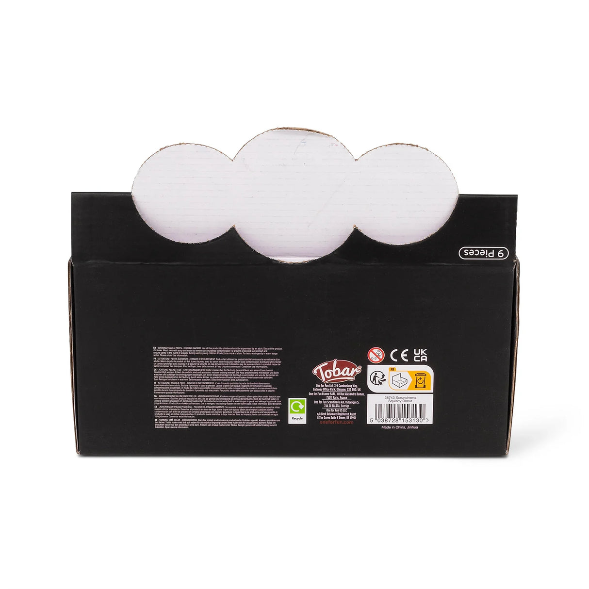 Back of Scrunchems Squishy Donut retail display box showing product and safety information
