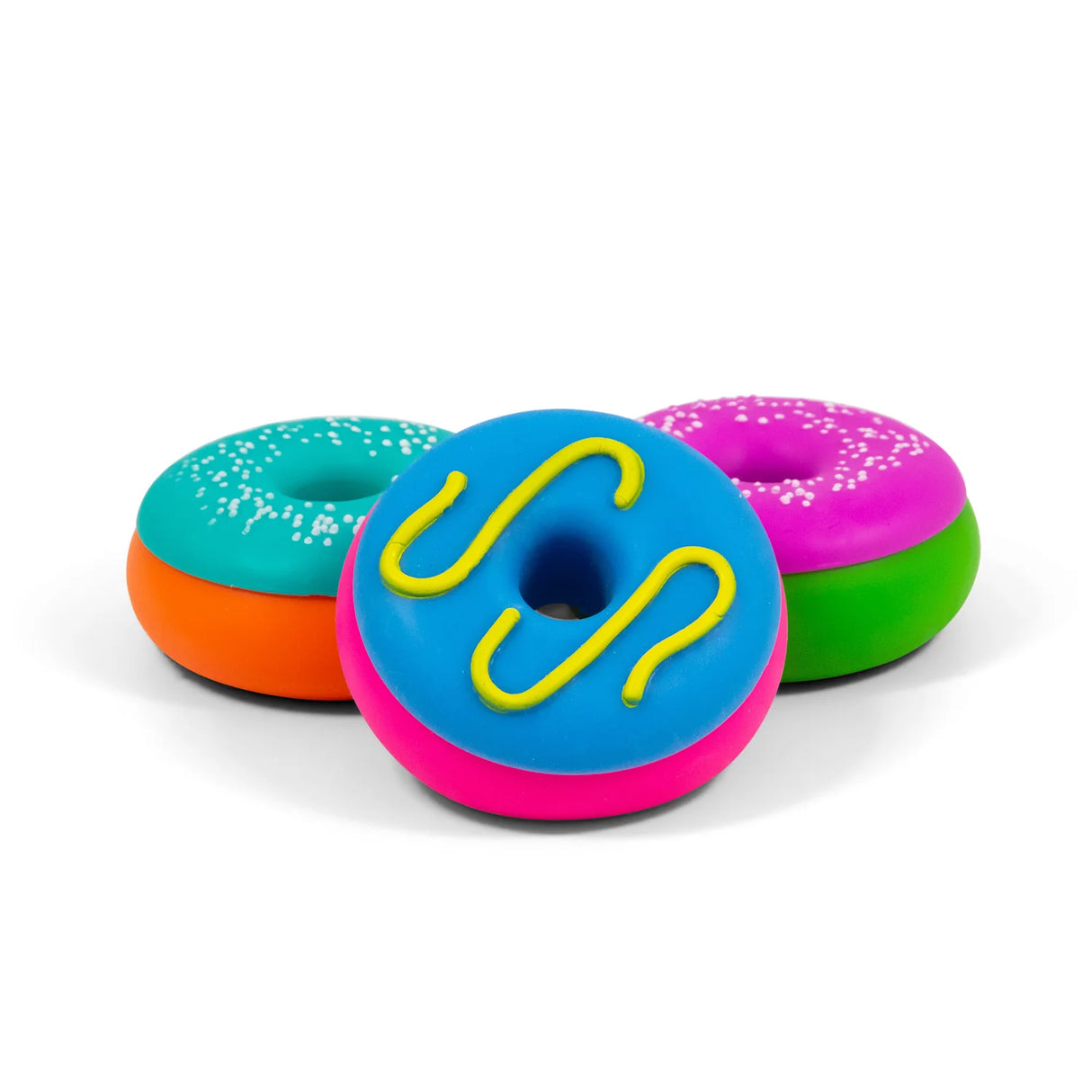 Three squishy donut fidget toys in teal-orange, blue-pink and pink-green colourways viewed from above