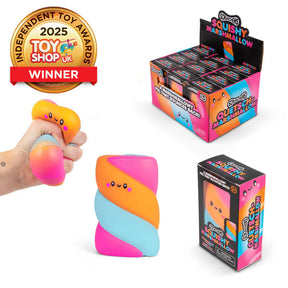 Scrunchems Squishy Marshmallow shown with 2025 Independent Toy Awards UK Winner badge and display box