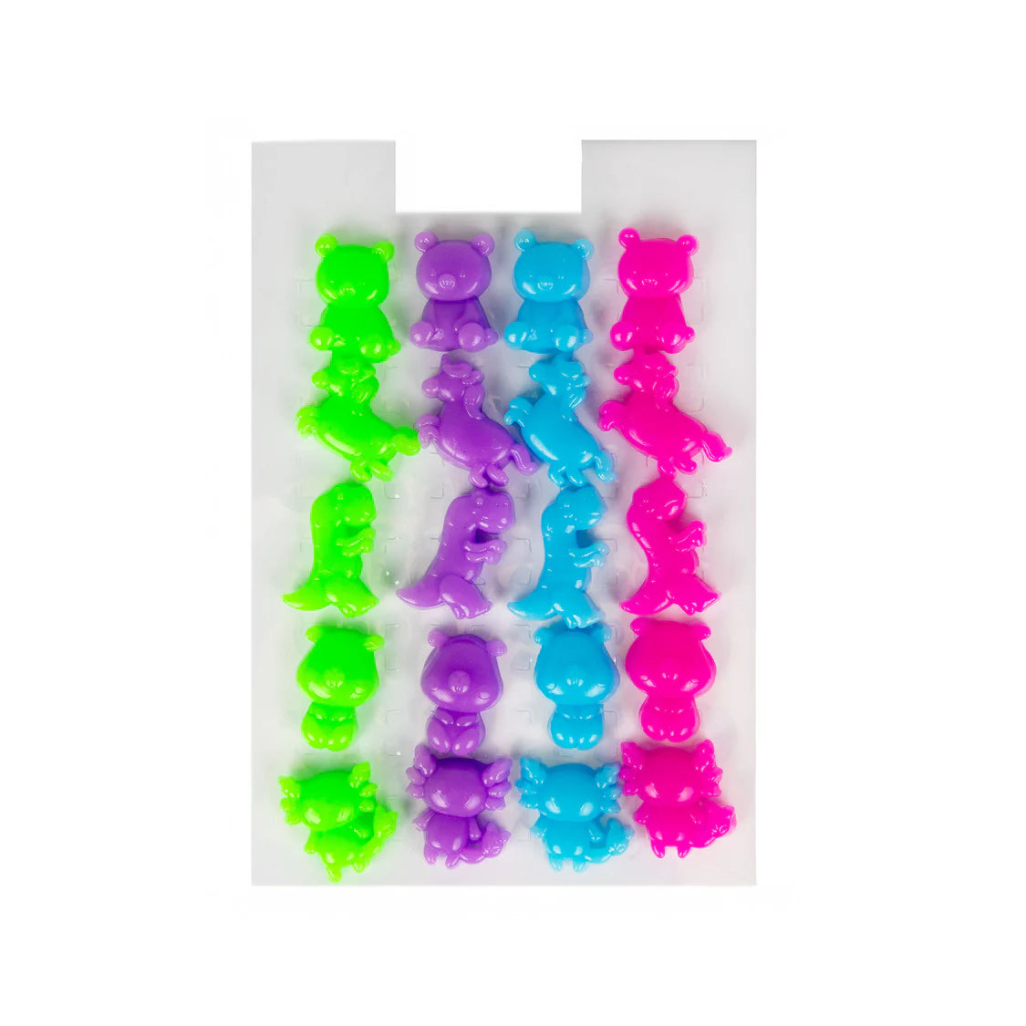 All 20 sticky squishy animal figures laid out in four neon colour columns on white background