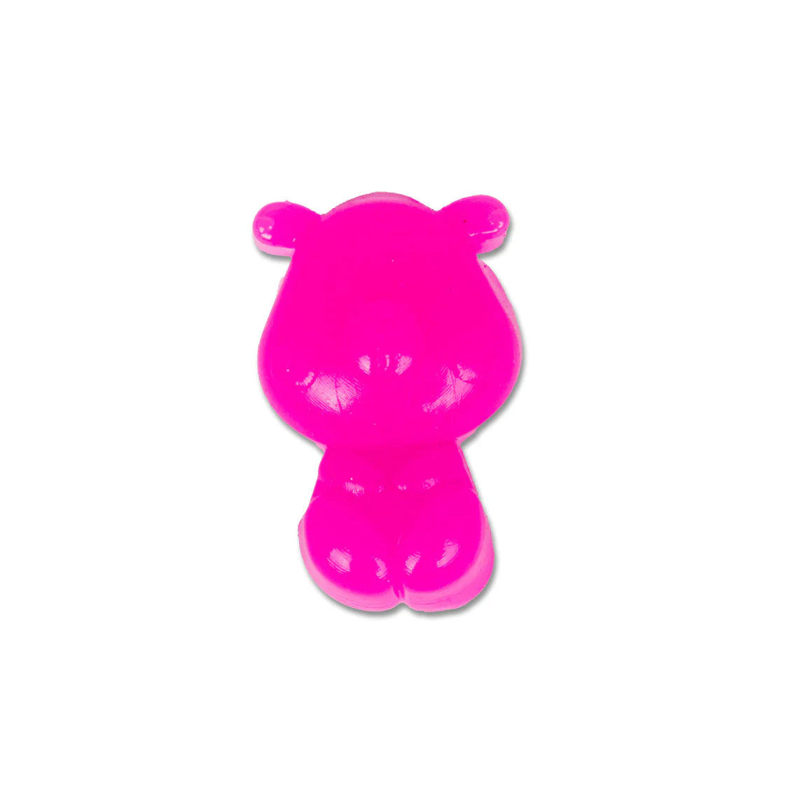 Close-up of a single hot pink mini squishy bear figure from the Scrunchems pack