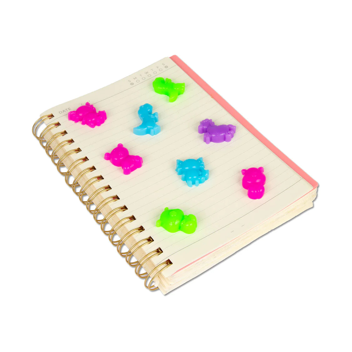 Multiple neon squishy animal figures stuck to the cover of a spiral notebook
