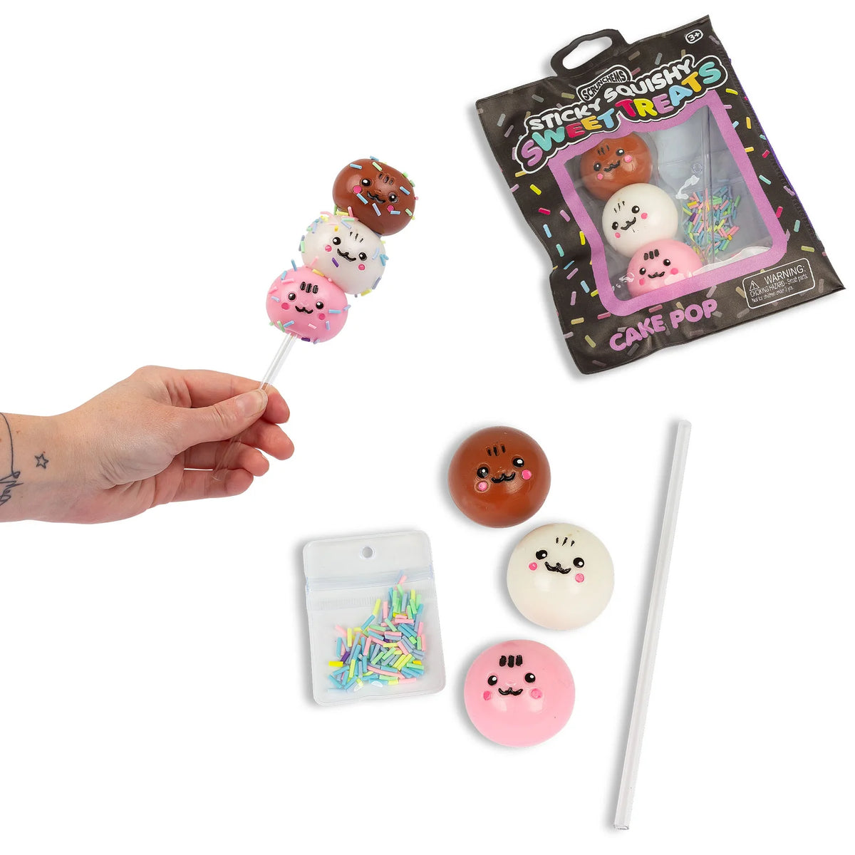 Scrunchems Sticky Squishy Cake Pop assembled, unboxed pieces and zip pouch packaging