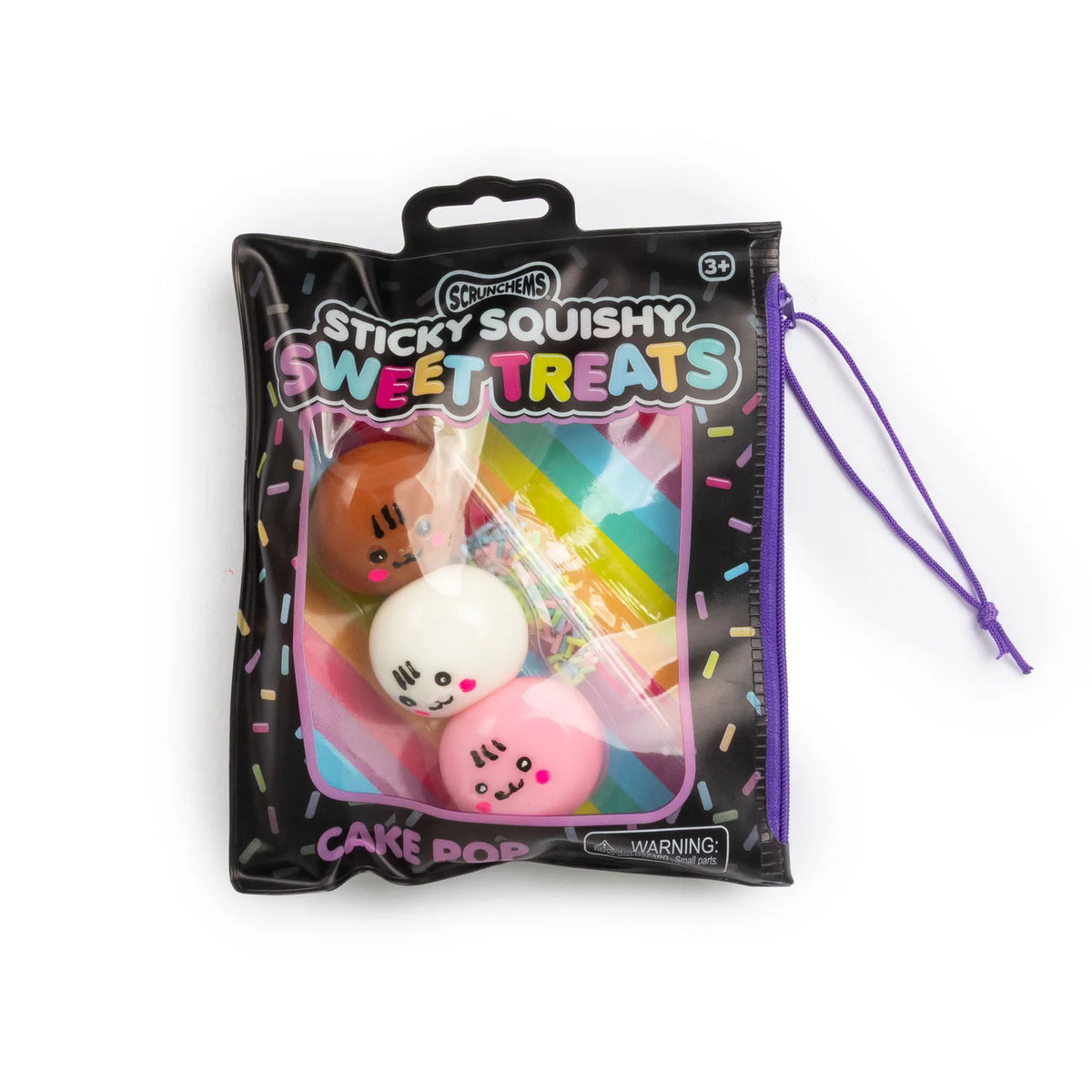 Scrunchems Sticky Squishy Sweet Treats Cake Pop in black zip pouch packaging