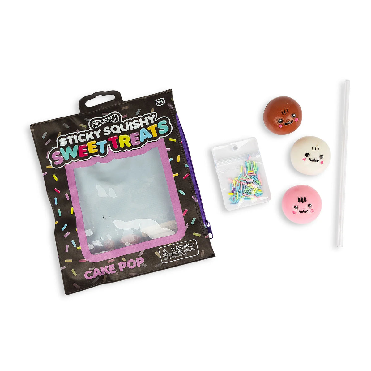 Scrunchems Sticky Squishy Sweet Treats Cake Pop zip pouch beside squishy balls, sprinkles and stick
