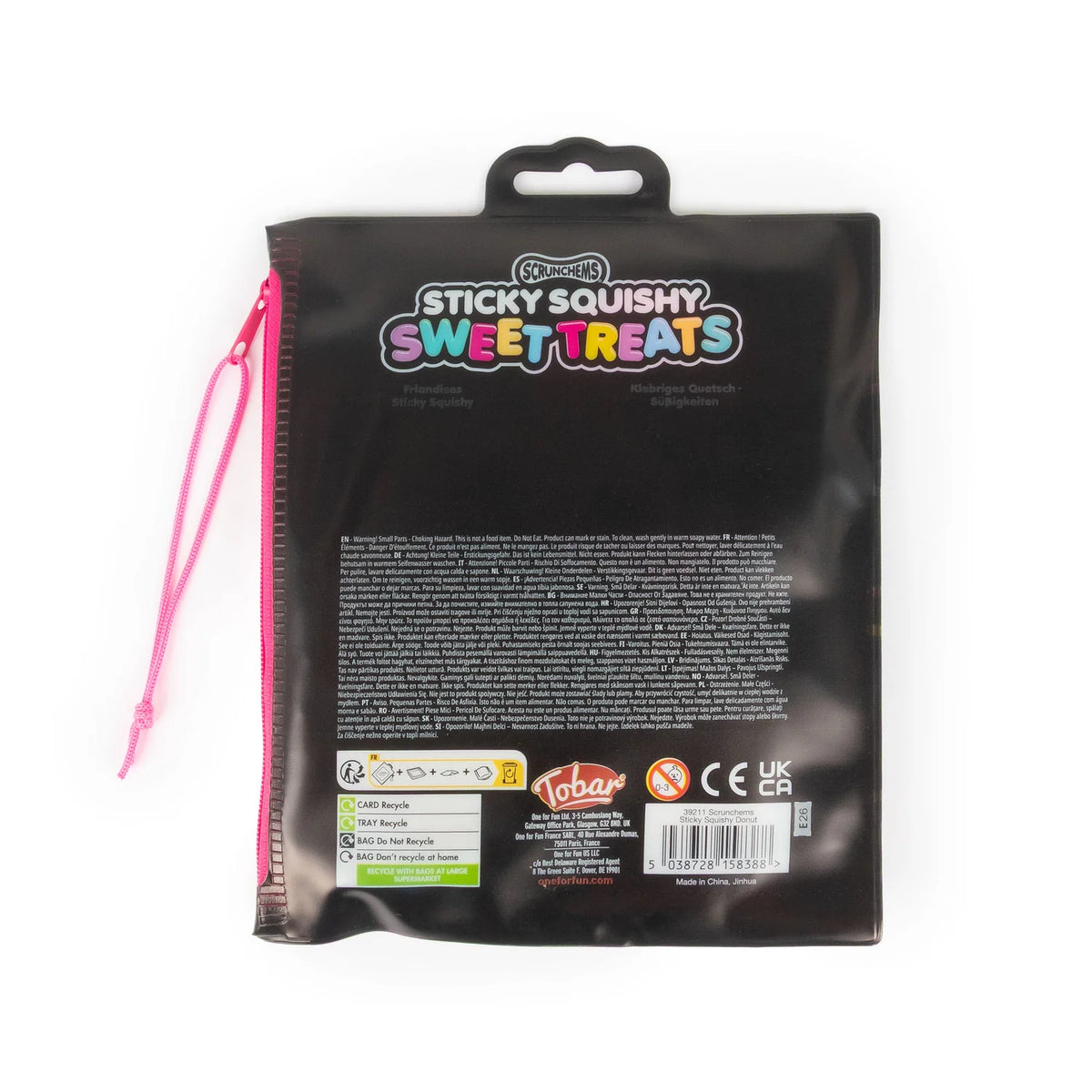 Back of Scrunchems Sticky Squishy Sweet Treats Donut zip pouch with barcode and safety info