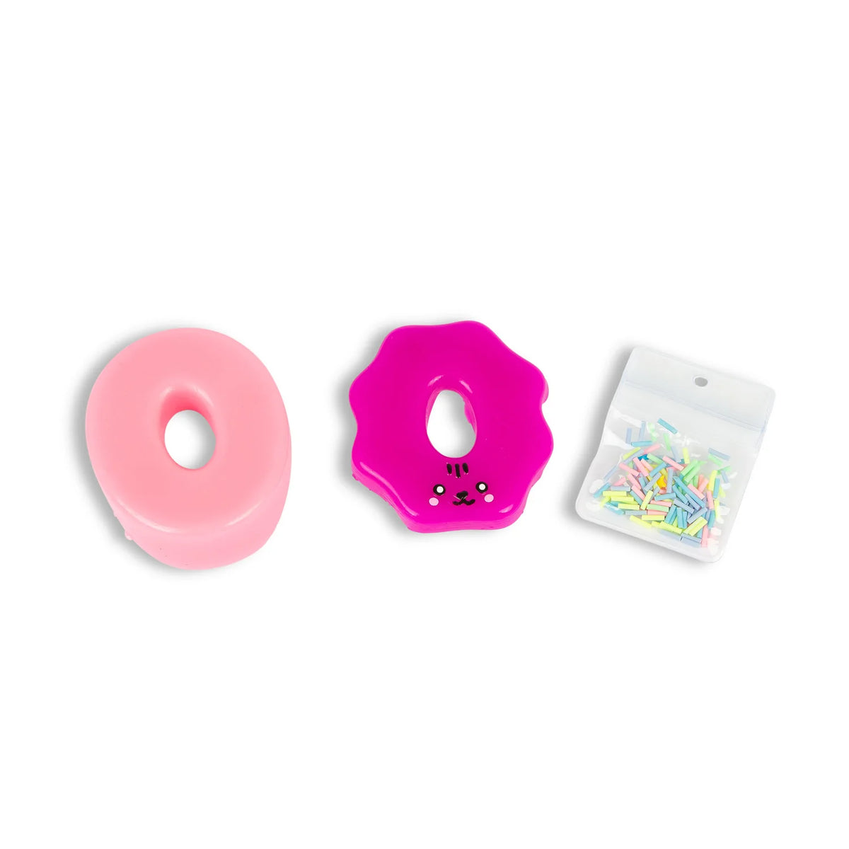 Scrunchems Sticky Squishy Donut pieces: pink donut base, magenta icing layer and sprinkles bag
