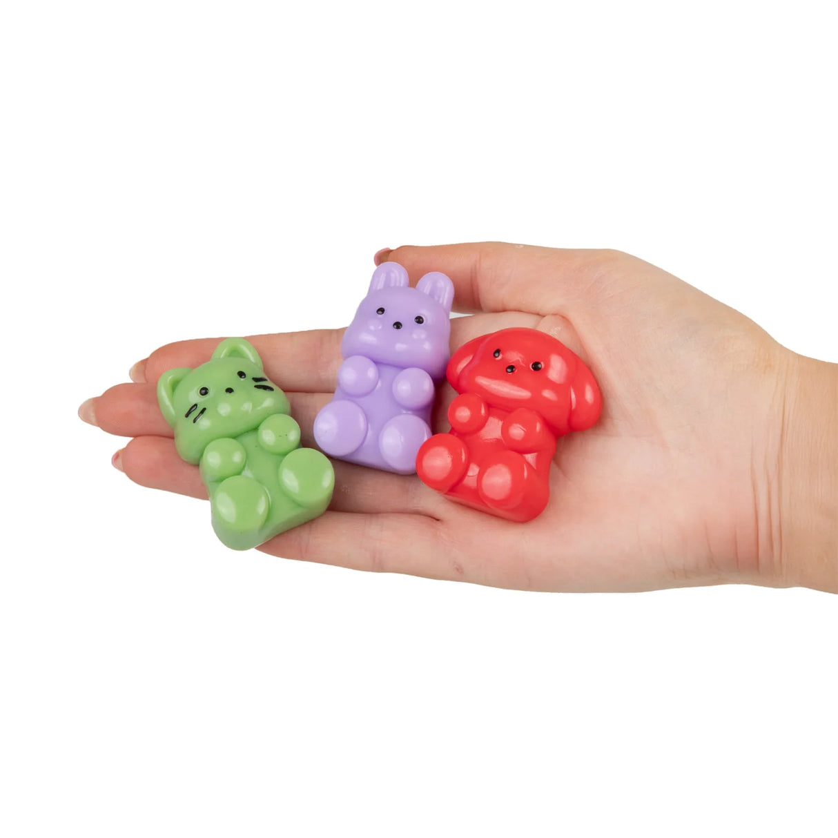Scrunchems Sticky Squishy Rainbow Mystery green cat purple bunny red dog in hand