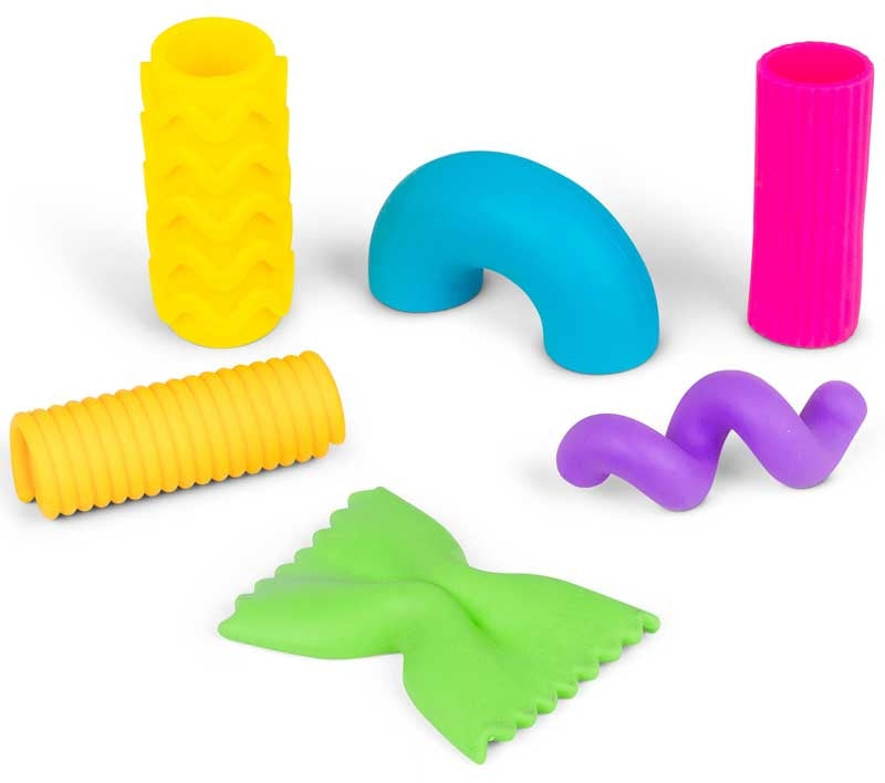 Scrunchems Stretchy Squeezy Pasta Shapes all 6 neon shapes including rigatoni farfalle fusilli penne and elbow.
