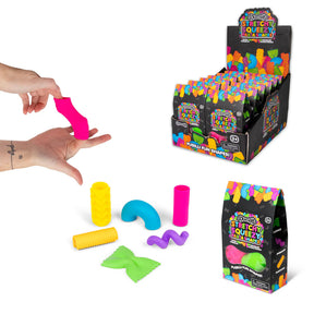 Scrunchems Stretchy Squeezy Pasta Shapes neon sensory fidget toys with display box and bag