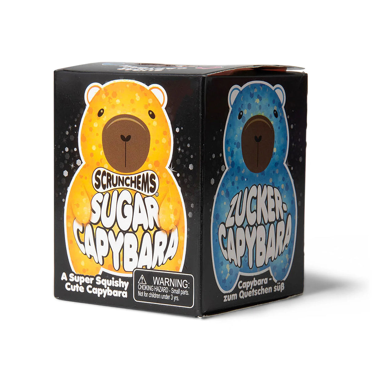 Front of Scrunchems Sugar Capybara box showing orange and blue capybara illustrations and product name