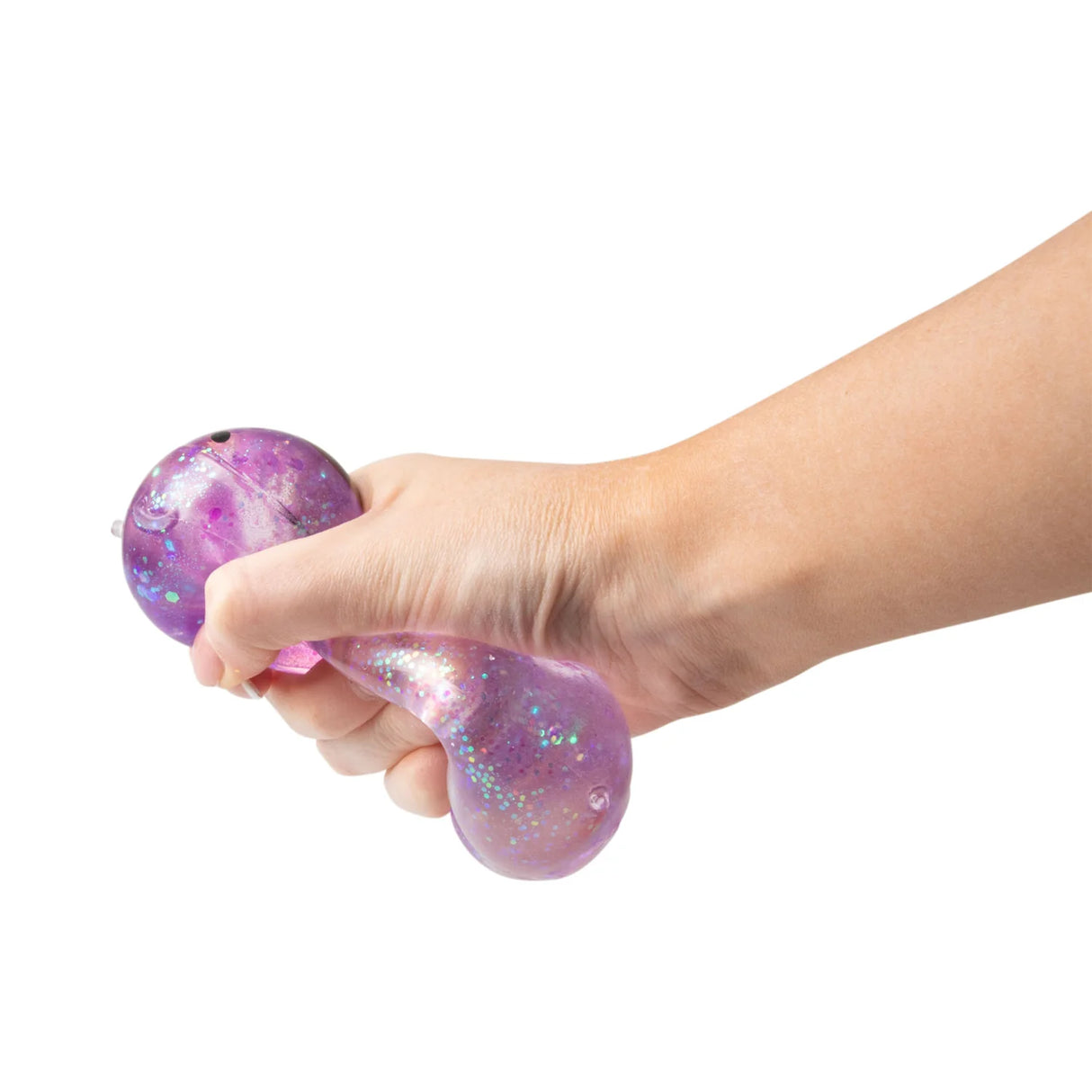 Hand squeezing and deforming a purple holographic glitter Scrunchems Sugar Capybara squishy