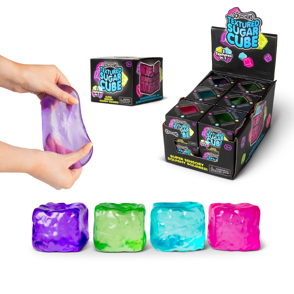 All four Scrunchems Sugar Cube colours shown alongside packaging and a cube being stretched