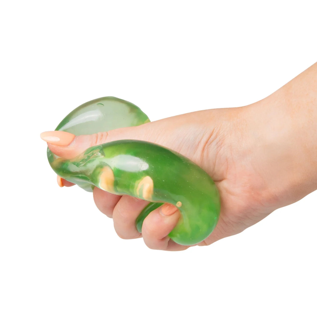 Green Scrunchems Sugar Cube being squeezed, showing gel stretching through fingers