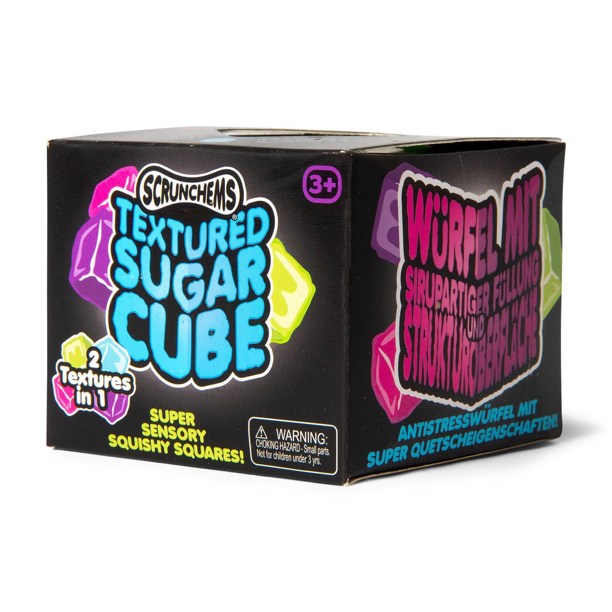 Front of Scrunchems Textured Sugar Cube black box showing logo and 2 Textures in 1 branding
