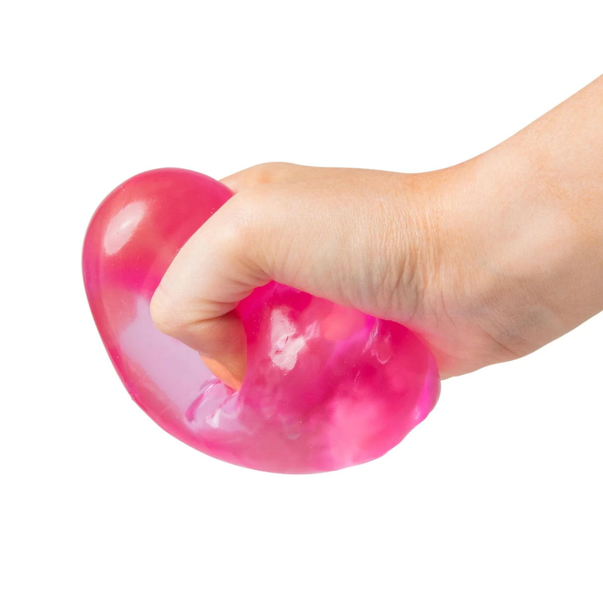 Pink Scrunchems Sugar Cube being squeezed and stretched by a hand