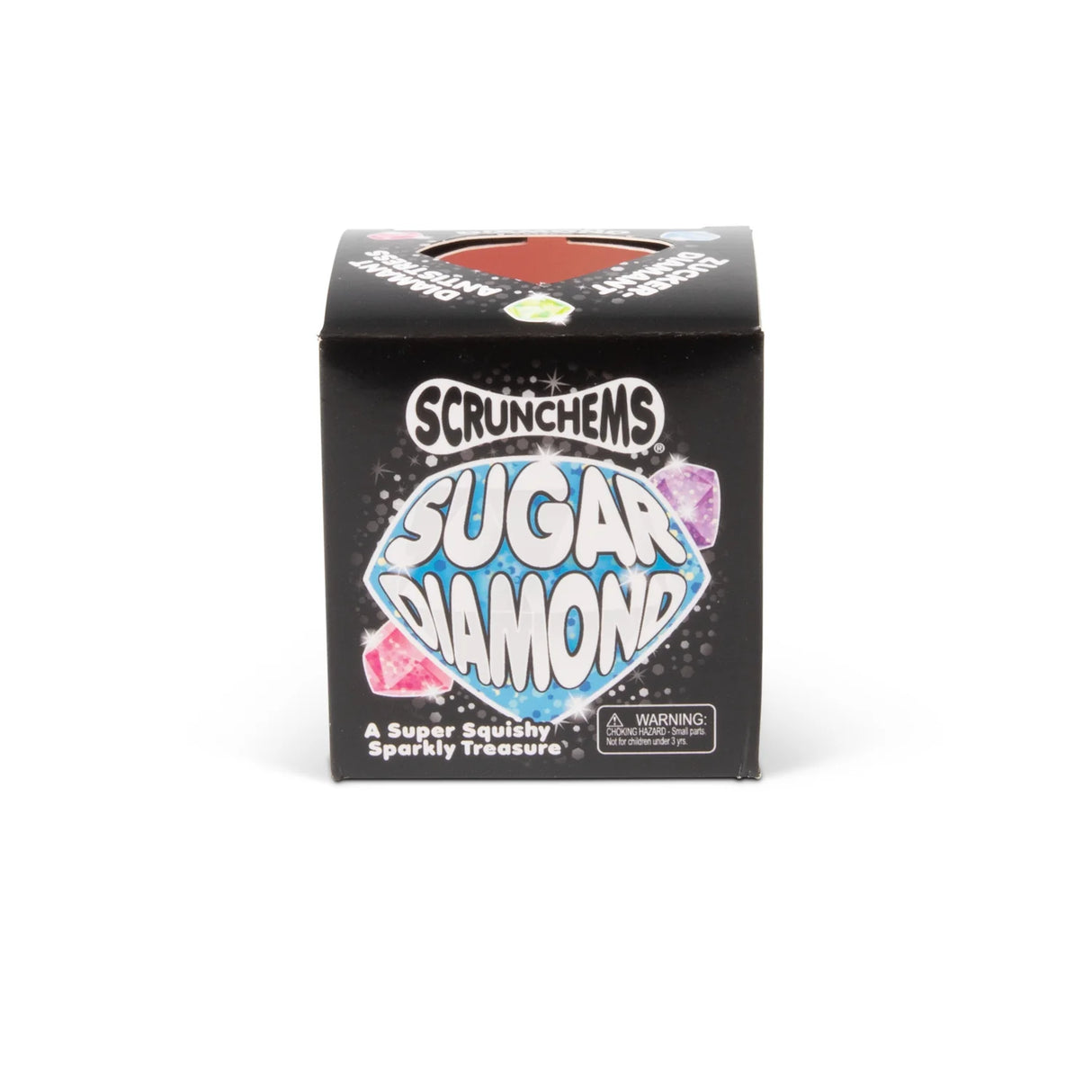 Front of Scrunchems Sugar Diamond black box showing product name, sparkly gem illustrations and warning label