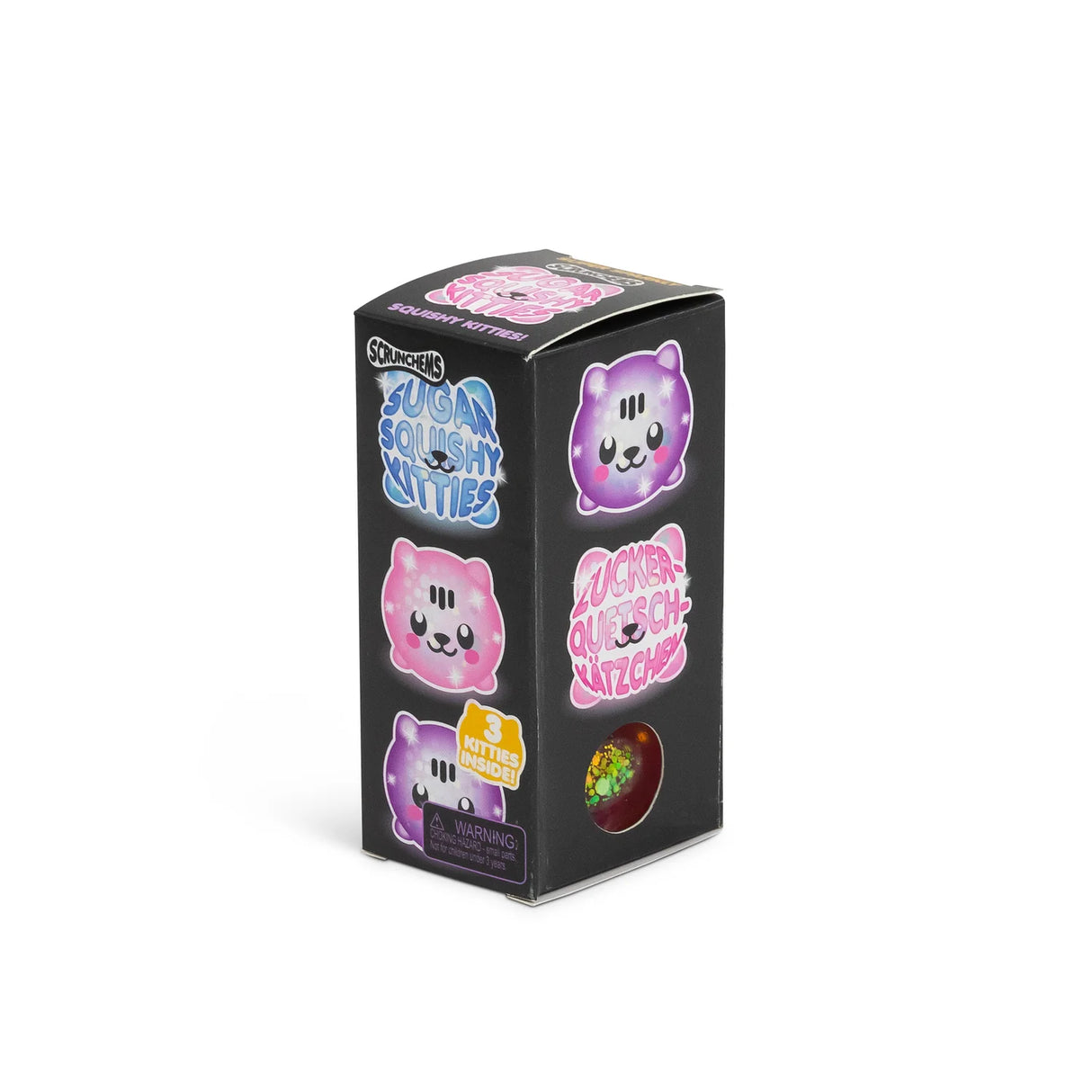 Side of Scrunchems Sugar Squishy Kitties black box showing three kitty illustrations, product name and 3 kitties inside badge