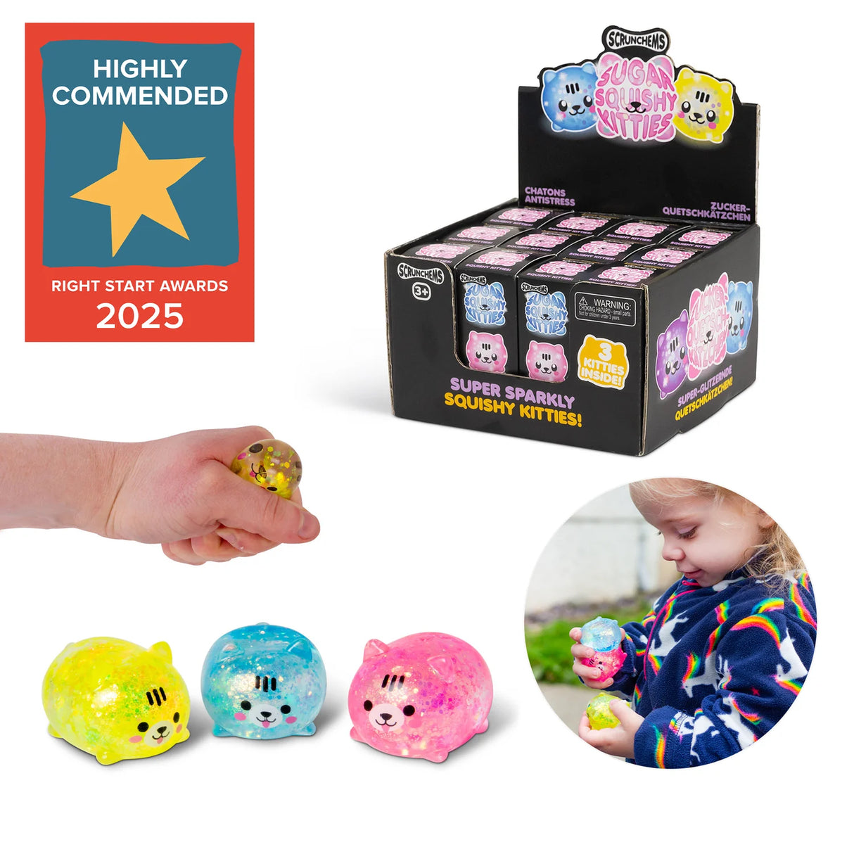Three glitter Scrunchems Sugar Squishy Kitties in yellow, blue and pink shown with hand squeezing one and retail display box, with Right Start Awards 2025 Highly Commended badge