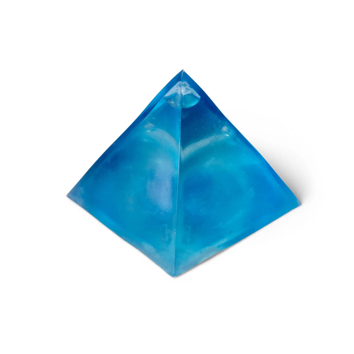 Close-up of a blue glossy Scrunchems Sugar Pyramid squishy sensory toy