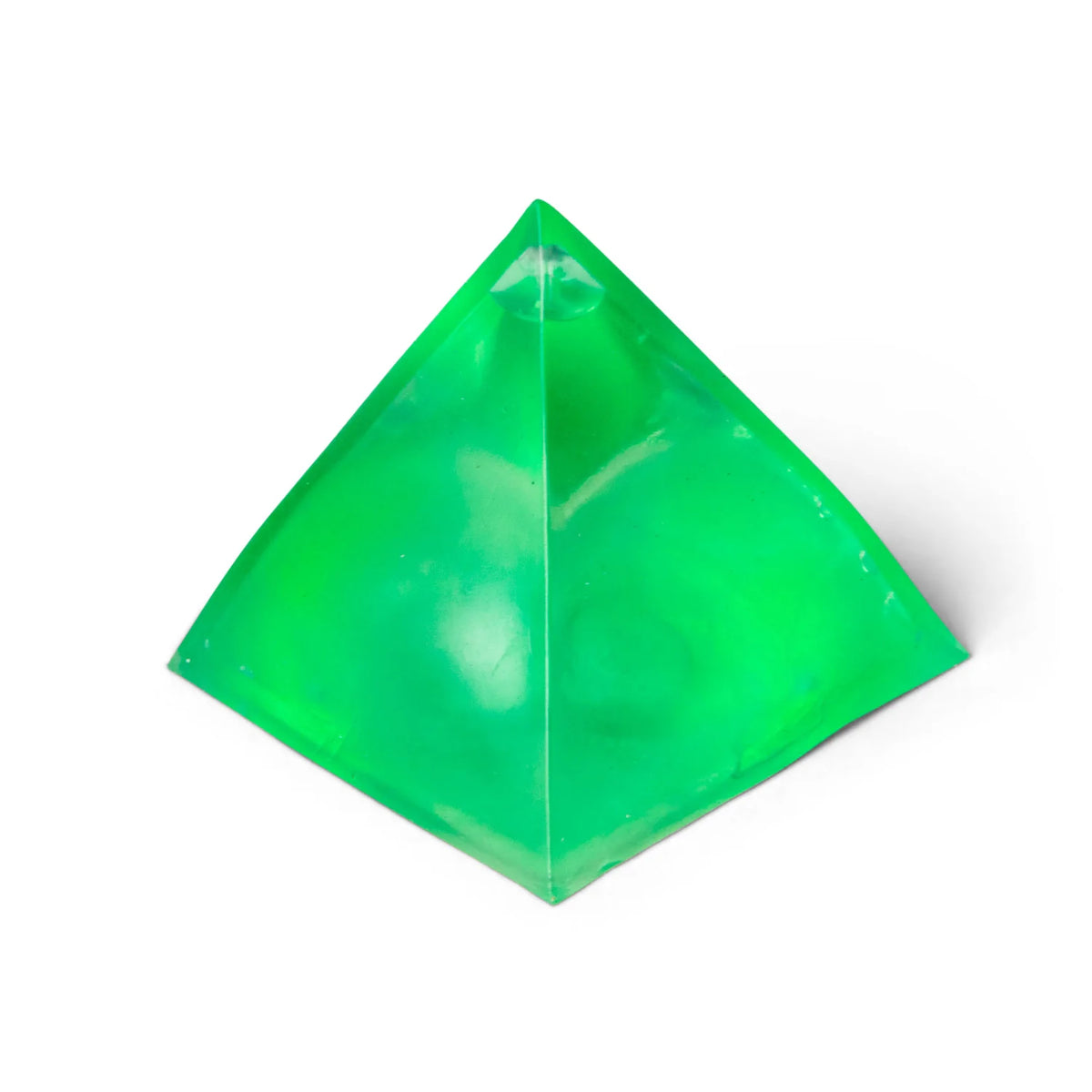 Close-up of a green glossy Scrunchems Sugar Pyramid squishy sensory toy