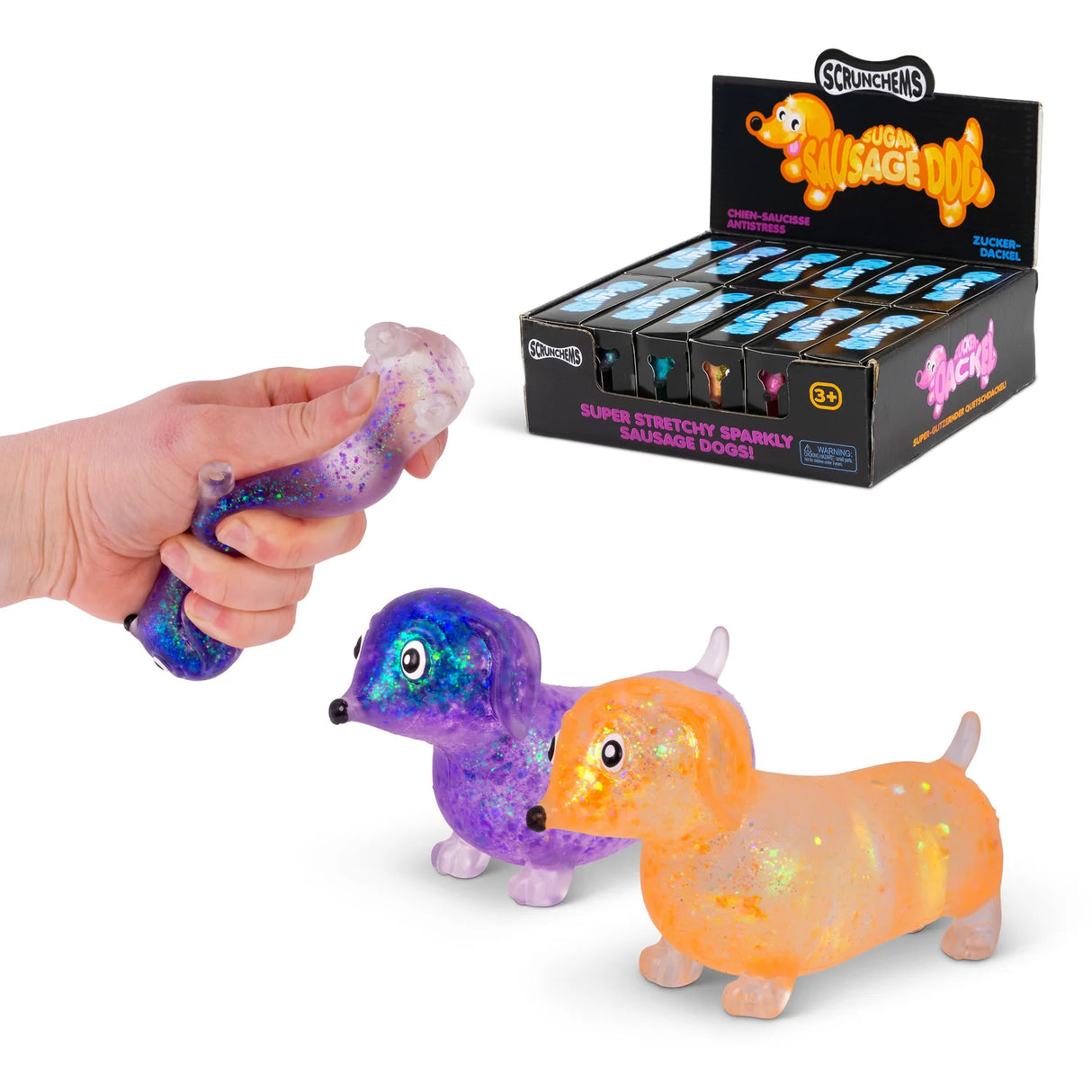 Scrunchems Sugar Sausage Dog glitter stretchy fidget toys purple orange with display box