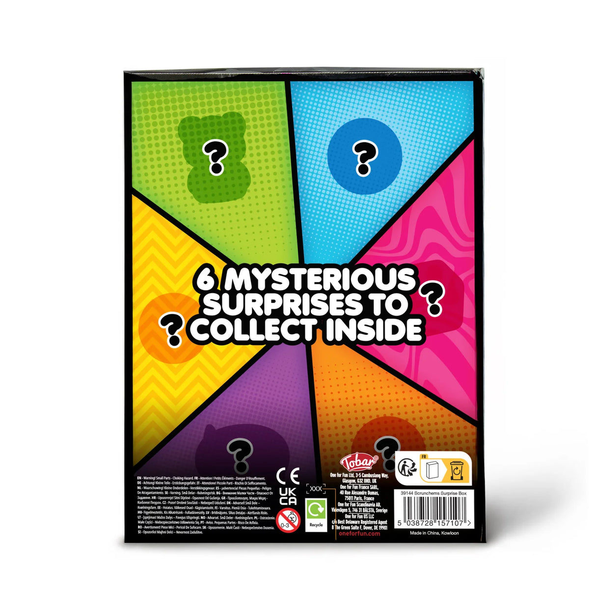 Back of Scrunchems Surprise Box showing six mystery panels and text stating 6 mysterious surprises to collect inside