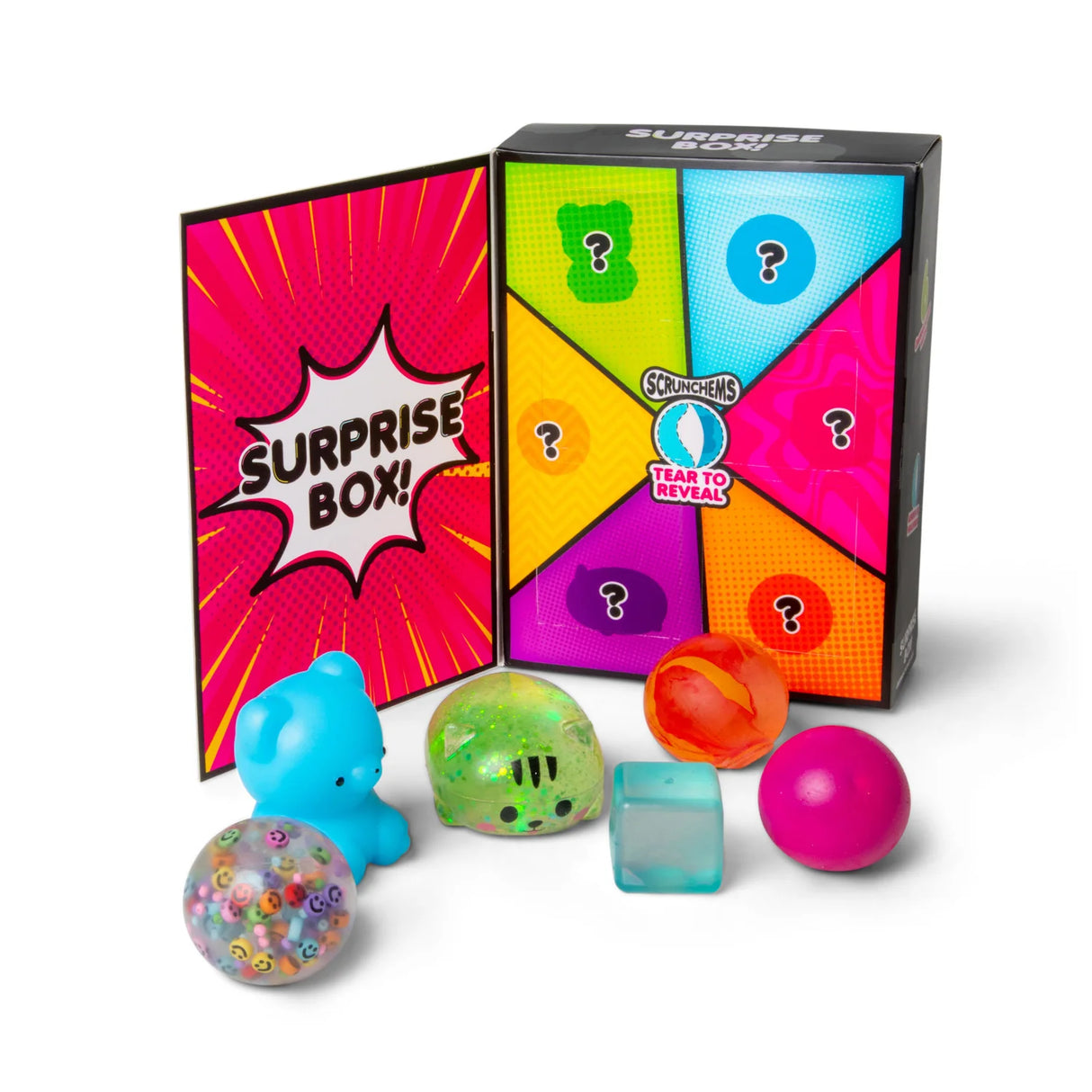 Scrunchems Surprise Box open with tear-to-reveal flap alongside all six surprise squishy toys including bear, glitter kitty, confetti ball, cube, orange ball and pink ball