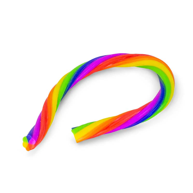 Single bright rainbow twisted sensory noodle curved on a white background