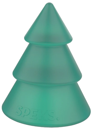 Translucent green Speks Gump Christmas tree squishy with embossed Speks logo, memory gel fidget toy
