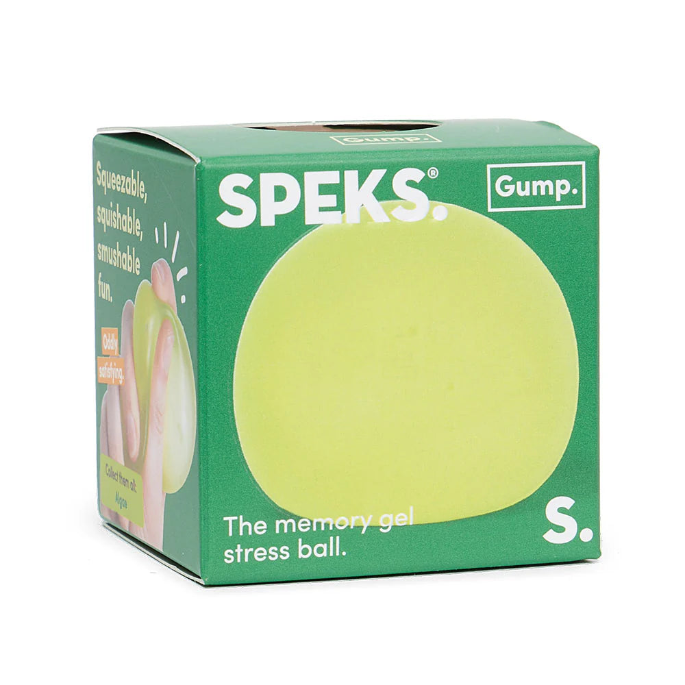 Yellow-green Algae Speks Gump Original memory gel stress ball in branded green Speks Gump packaging box