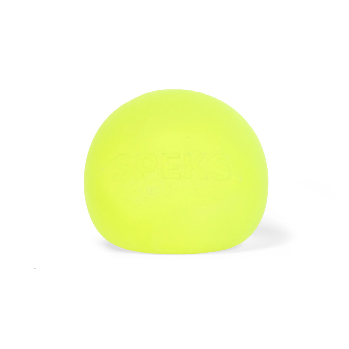 Single bright yellow-green Speks Gump Original memory gel stress ball on a white background