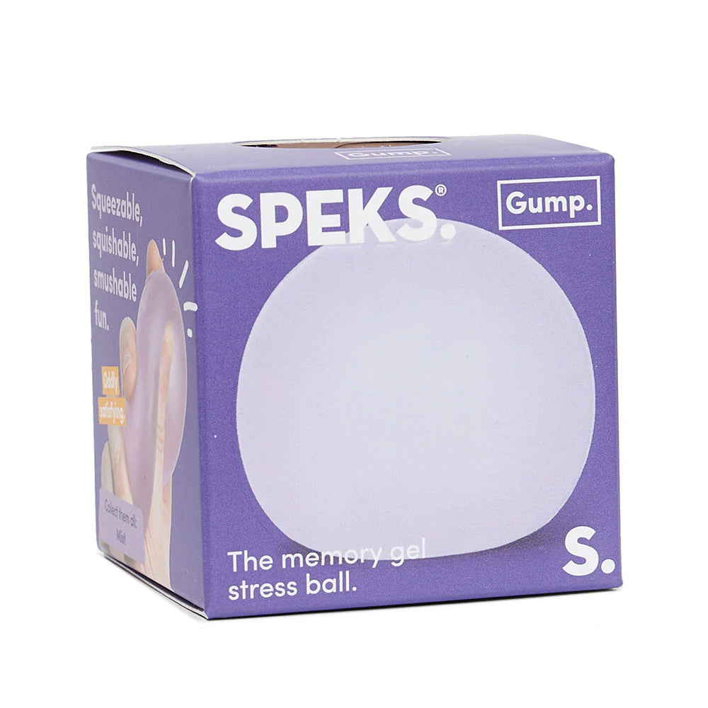 Lilac Mist Speks Gump Original memory gel stress ball in branded purple Speks Gump packaging box
