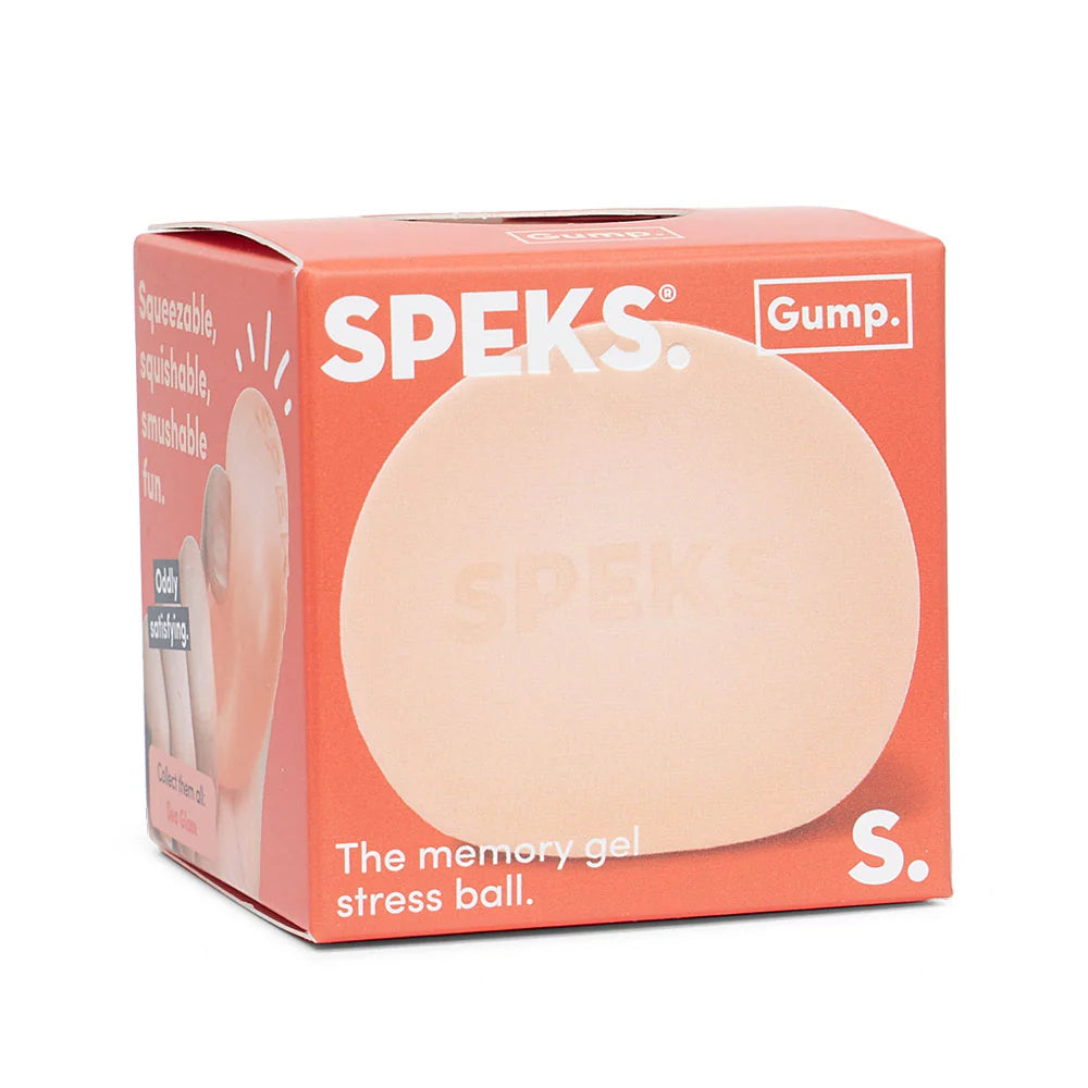 Peach coral Reef Speks Gump Original memory gel stress ball in branded orange-red Speks Gump packaging box