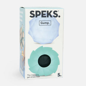Two Speks Gump Surface stress balls in blue and teal shown together in Speks Gump 2-pack packaging
