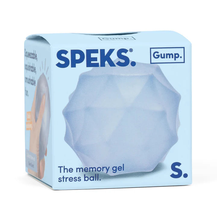 Pale blue Speks Gump Surface memory gel stress ball in branded Speks Gump packaging box
