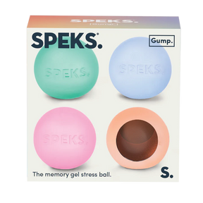 Four Speks Mini Gump memory gel stress balls in green, blue, pink and peach shown in branded 4-pack box packaging