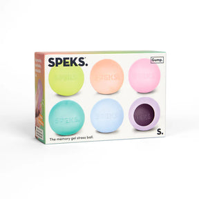 Six Speks Mini Gump memory gel stress balls in pastel rainbow colours shown in branded 6-pack box packaging