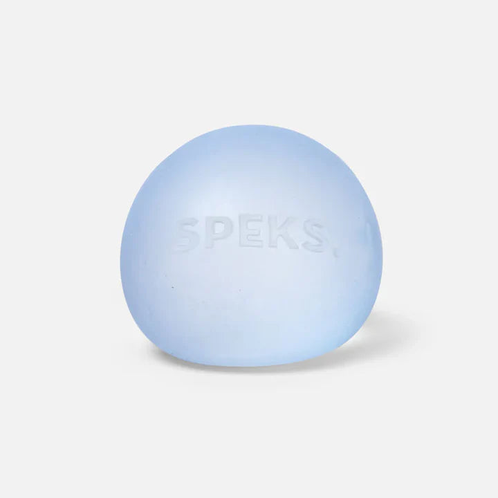 Single pale blue Speks Mini Gump memory gel stress ball on a white background