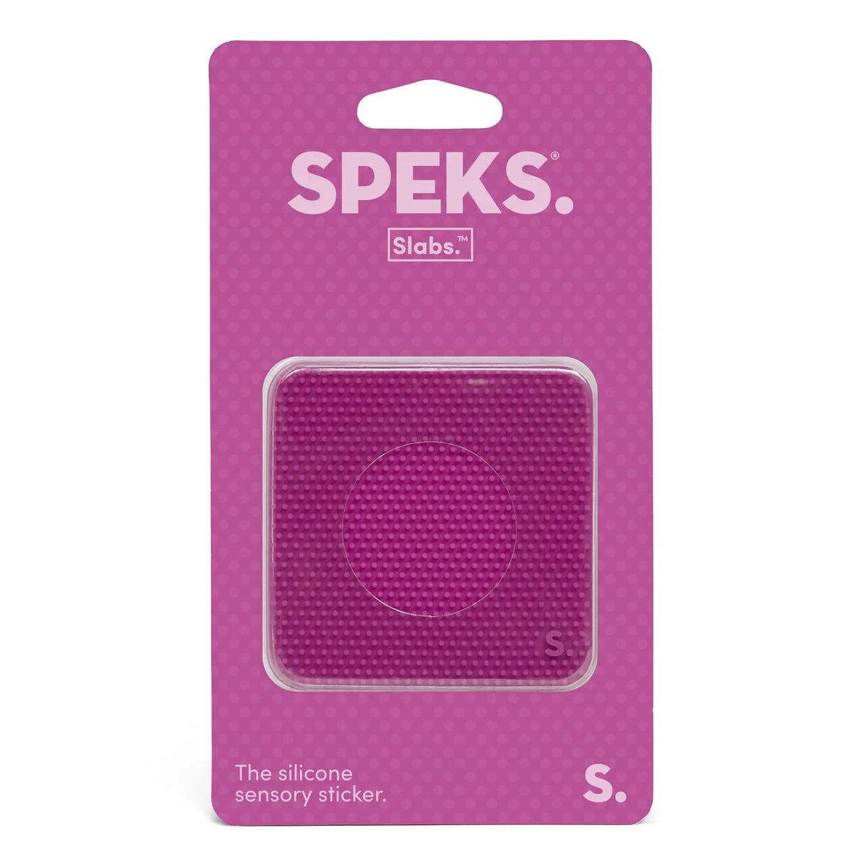 A pink textured silicone sensory sticker in its original retail packaging, branded SPEKS. Slabs.