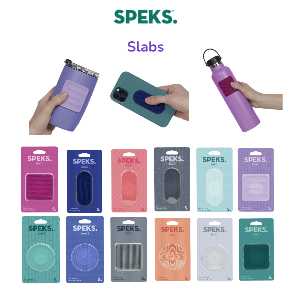 A product catalog display for SPEKS. Slabs, showing both the packaged circular grip tabs in a grid and three lifestyle demonstrations of the tabs being squeezed onto a tumbler, phone case, and water bottle by hands.