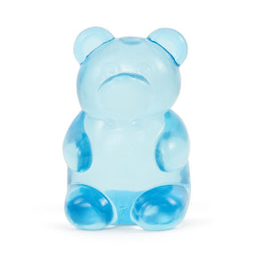 Blue jelly bear squishy toy front view, sensory fidget toy with bow tie detail